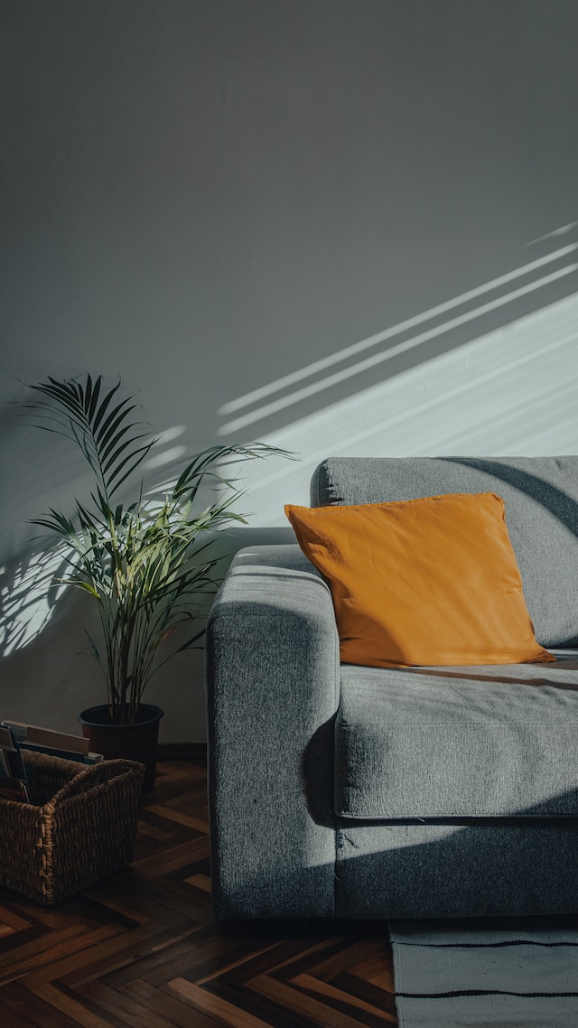 A well-lit living room corner featuring a grey fabric sofa with an orange pillow, a potted plant, and a woven basket with magazines. The scene highlights key furnishings and condition details relevant for an inventory inspection, with natural light emphasizing surface textures and wear.