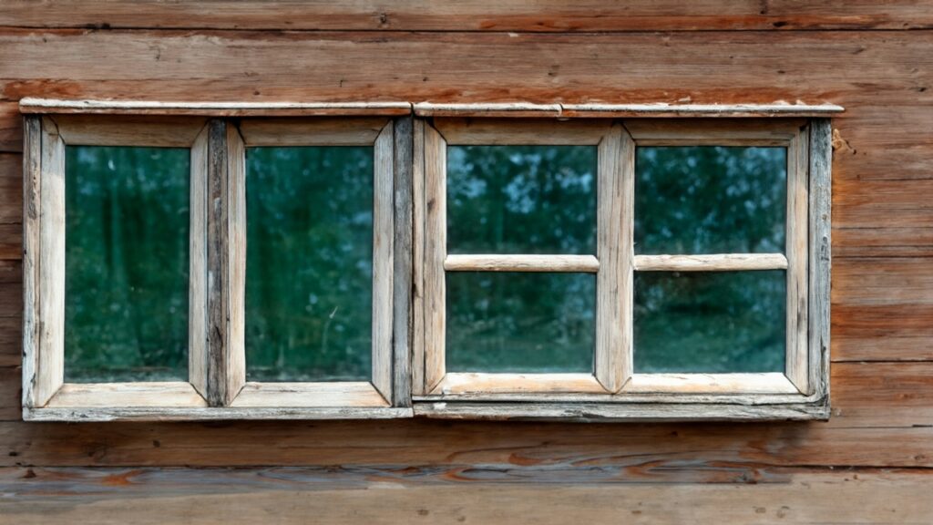 Old wooden window with peeling paint on a rustic wood-paneled wall, indicating needed maintenance and potential rot.