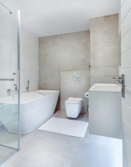 Modern bathroom with freestanding bathtub, wall-mounted toilet, and walk-in shower.